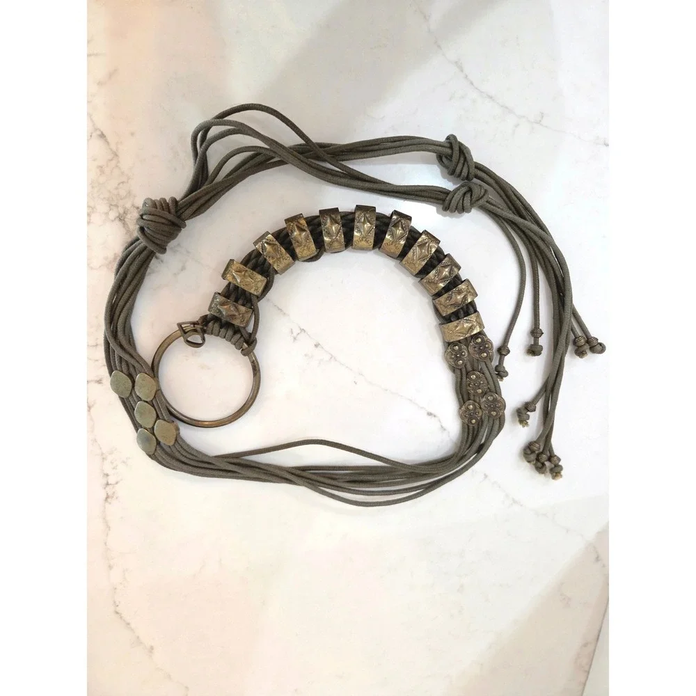 Unbranded Rope Cord Belt OS Olive Green Brass Boho Tribal Multi Strand Tie Wrap